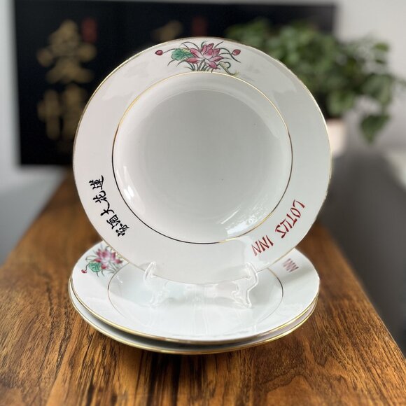 3 Porcelain Soup Plates "Lotus Inn" Restaurant Ware by Y.T (Yuet Tung) Hong Kong - Picture 1 of 11